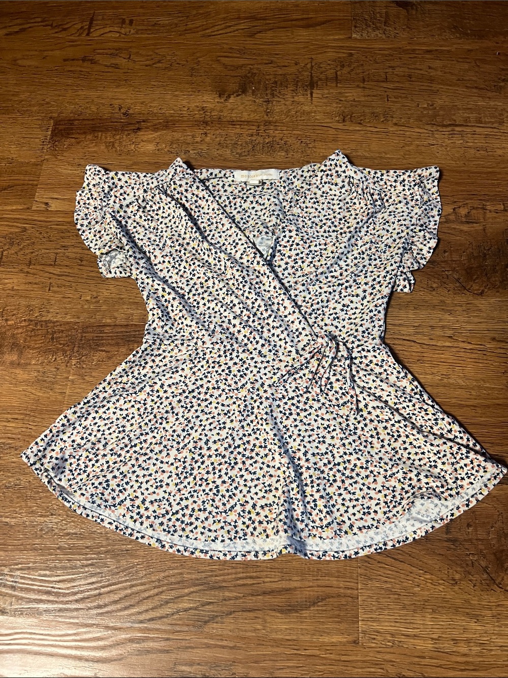 Floral Wrap Peplum Blouse - White with Navy & Pink Ditsy Print